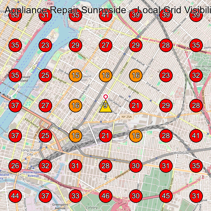 Appliance Repair Sunnyside GeoGrid visibility map for Appliance Repair Service in Queens